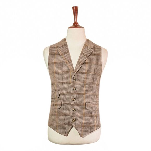 Mens Wool Vest 46R Beige Tan Plaid Windowpane Waistcoat Preppy British Heritage - Picture 1 of 8